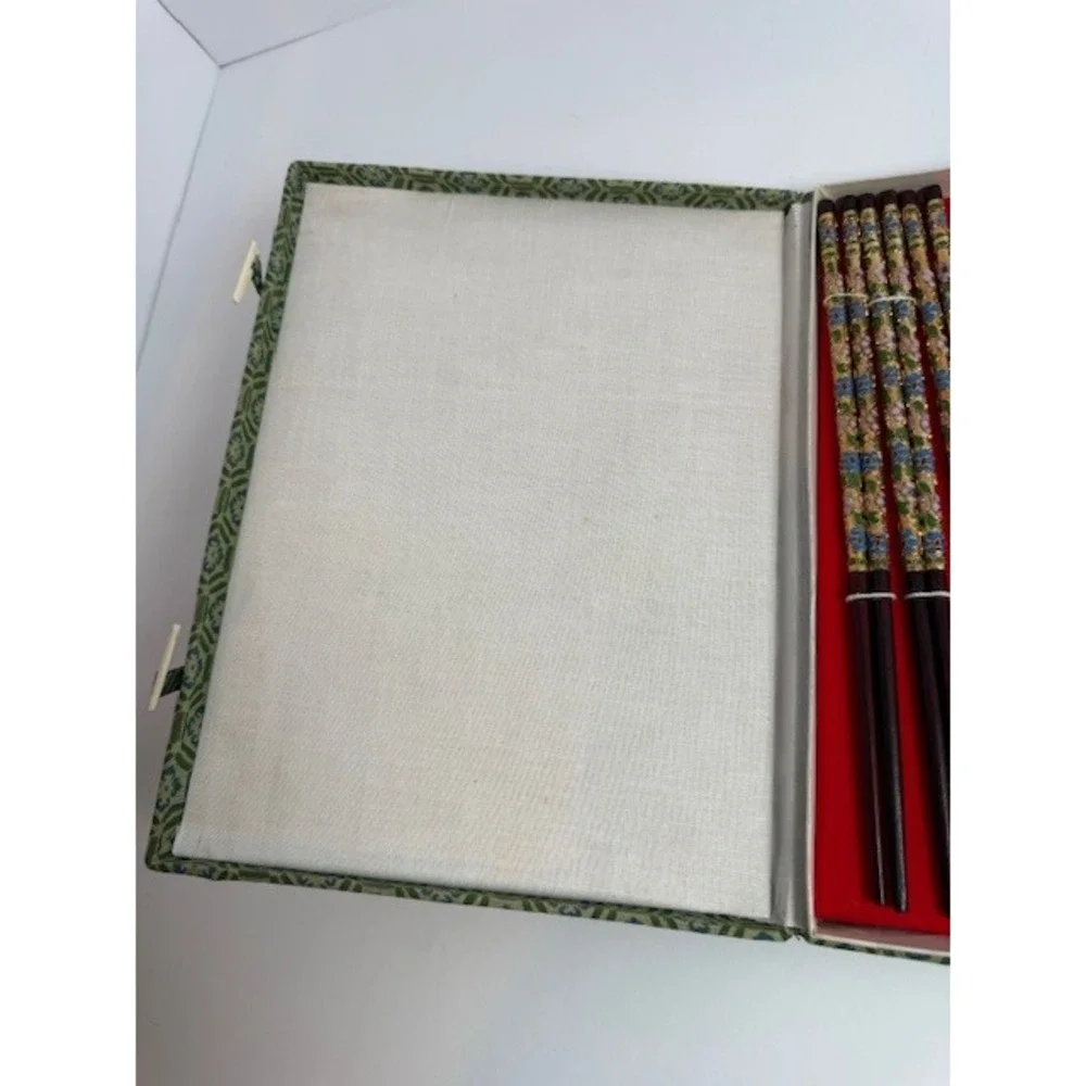 Vintage Cloisonne Enamel Floral Wood Chopsticks 10 Pair Set with Fabric Case
